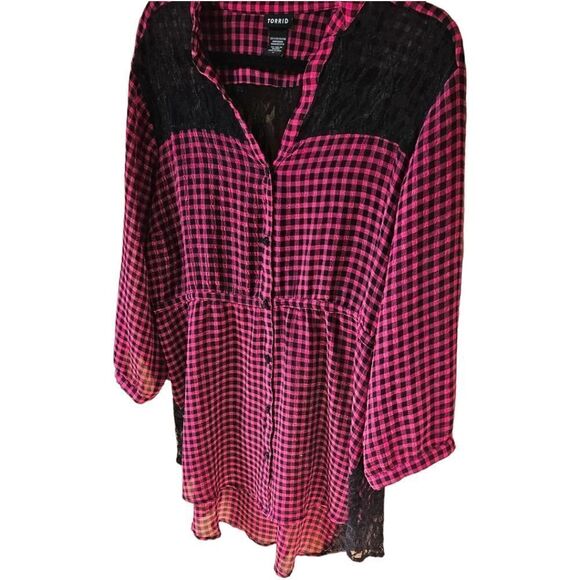 TORRID PLUS SIZE Plaid Lace Button Front Blouse2X - Picture 8 of 13